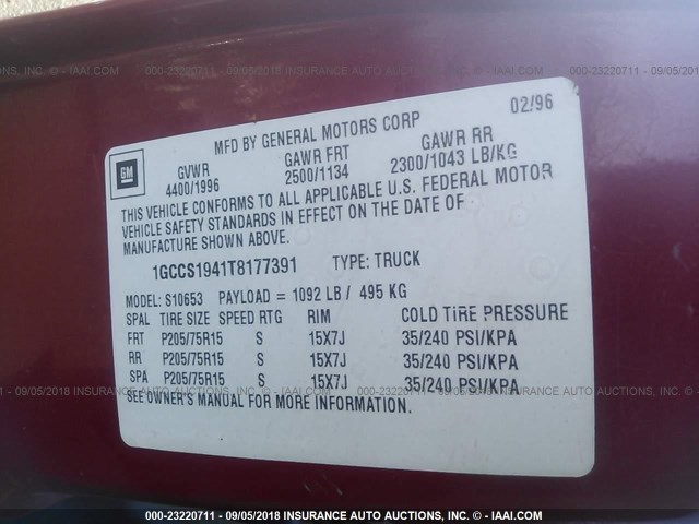 1GCCS1941T8177391 - 1996 CHEVROLET S TRUCK S10 RED photo 9