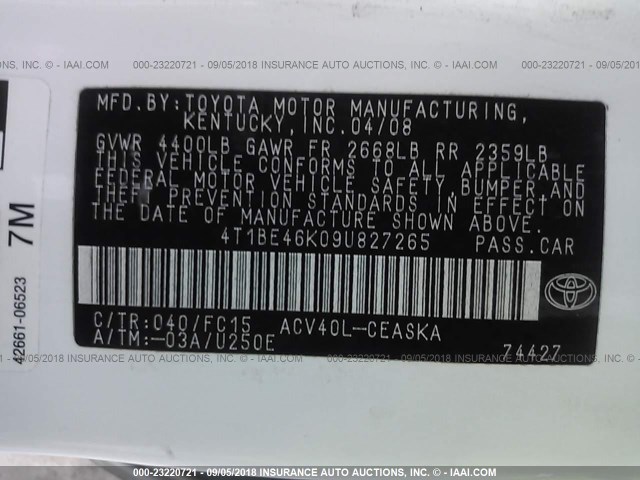 4T1BE46K09U827265 - 2009 TOYOTA CAMRY SE/LE/XLE WHITE photo 9