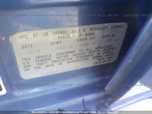 KL1TD56646B618386 - 2006 CHEVROLET AVEO LS BLUE photo 9