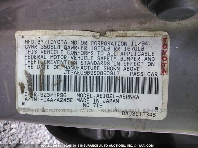 JT2AE09B9S0090917 - 1995 TOYOTA COROLLA LE/DX PURPLE photo 9