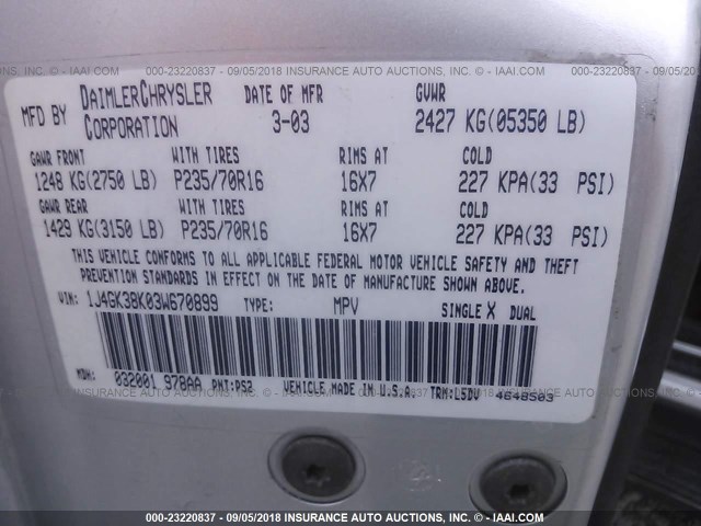 1J4GK38K03W670899 - 2003 JEEP LIBERTY RENEGADE SILVER photo 9