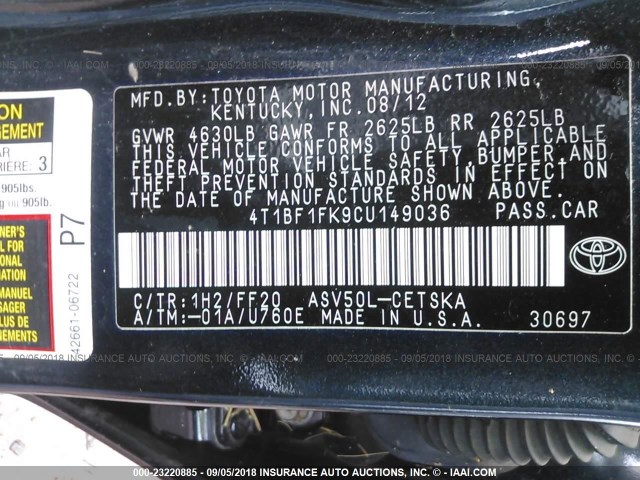 4T1BF1FK9CU149036 - 2012 TOYOTA CAMRY SE/LE/XLE შავი ფოტო 9