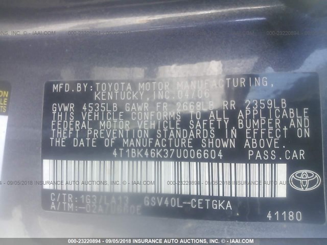 4T1BK46K37U006604 - 2007 TOYOTA CAMRY NEW GENERAT LE/XLE/SE GRAY photo 9