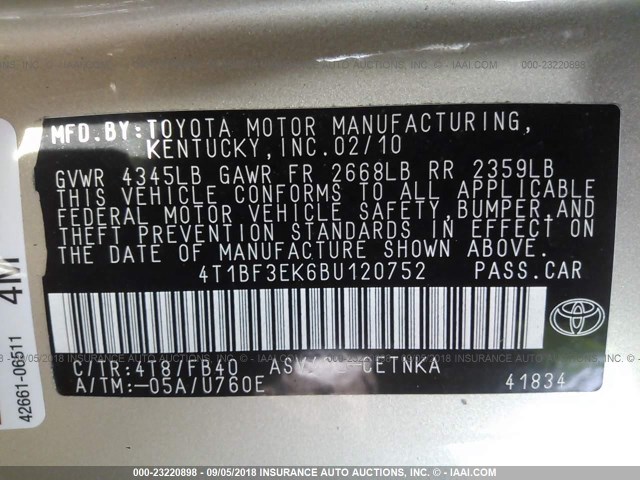 4T1BF3EK6BU120752 - 2011 TOYOTA CAMRY SE/LE/XLE GOLD photo 9