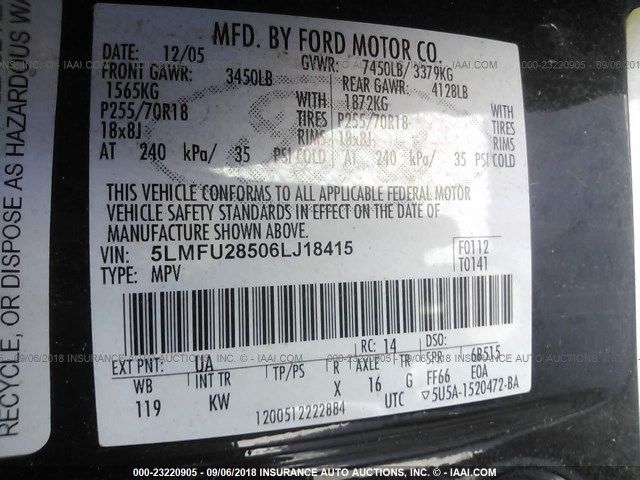 5LMFU28506LJ18415 - 2006 LINCOLN NAVIGATOR BLACK photo 9