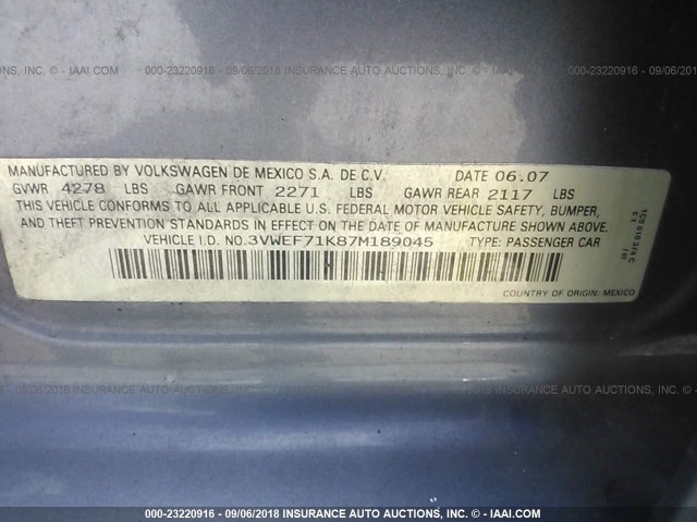 3VWEF71K87M189045 - 2007 VOLKSWAGEN JETTA WOLFSBURG 灰色 照片 9