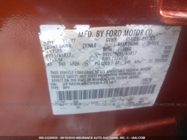 2FMDK48C08BA35161 - 2008 FORD EDGE SEL ORANGE photo 9