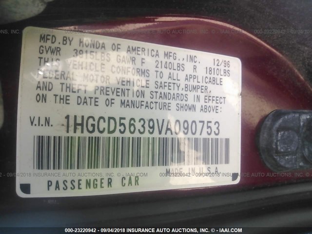 1HGCD5639VA090753 - 1997 HONDA ACCORD LX/EX RED photo 9