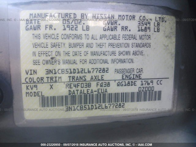 3N1CB51D12L677282 - 2002 NISSAN SENTRA XE/GXE GRAY photo 9