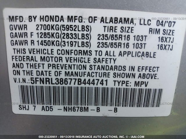 5FNRL38677B444741 - 2007 HONDA ODYSSEY EXL SILVER photo 9