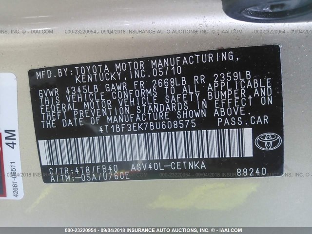 4T1BF3EK7BU608575 - 2011 TOYOTA CAMRY SE/LE/XLE GOLD photo 9