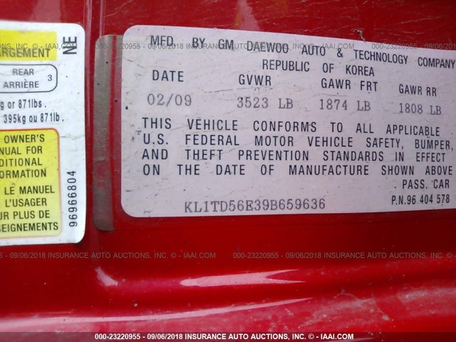 KL1TD56E39B659636 - 2009 CHEVROLET AVEO LS/LT 红色 照片 9