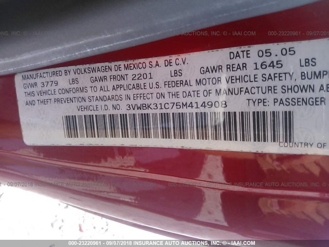 3VWBK31C75M414908 - 2005 VOLKSWAGEN NEW BEETLE GL 红色 照片 9