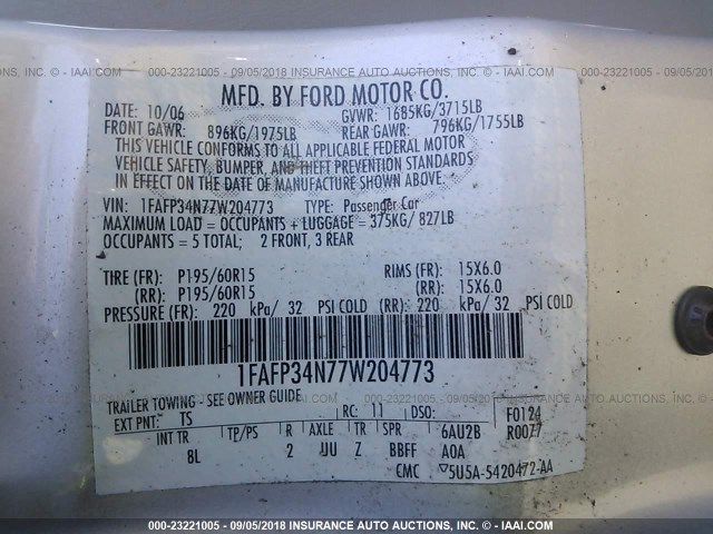 1FAFP34N77W204773 - 2007 FORD FOCUS ZX4/S/SE/SES SILVER photo 9
