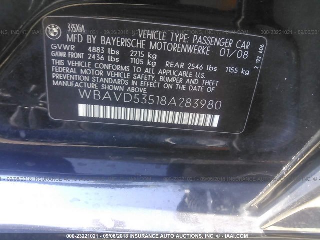 WBAVD53518A283980 - 2008 BMW 335 XI BLACK photo 9