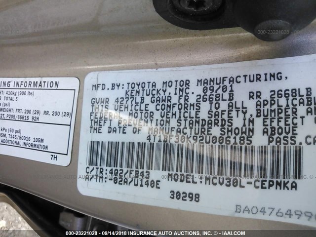 4T1BF30K92U006185 - 2002 TOYOTA CAMRY LE/XLE/SE GOLD photo 9