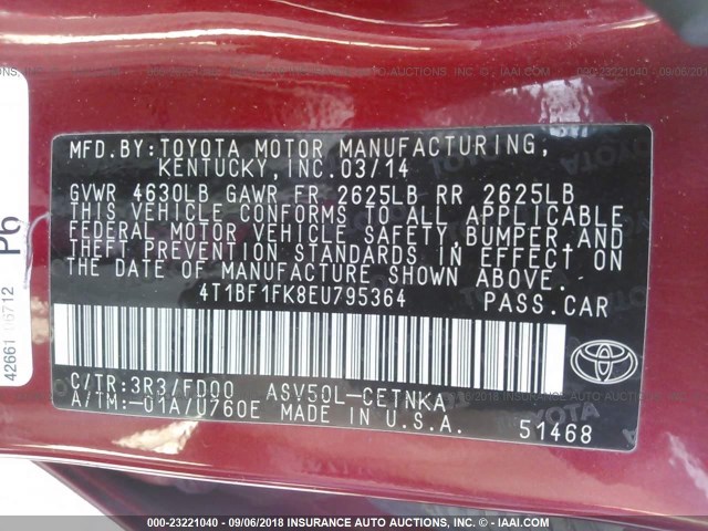 4T1BF1FK8EU795364 - 2014 TOYOTA CAMRY L/SE/LE/XLE RED photo 9
