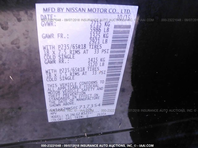 5N1AR2MM5FC717354 - 2015 NISSAN PATHFINDER S/SV/SL/PLATINUM BLACK photo 9