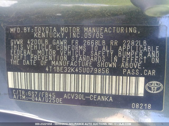 4T1BE32K45U079856 - 2005 TOYOTA CAMRY LE/XLE/SE Жасыл фото 9