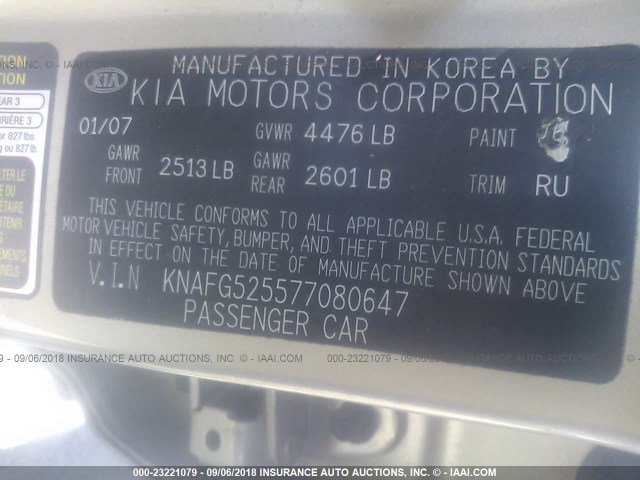 KNAFG525577080647 - 2007 KIA RONDO LX/EX SILVER photo 9