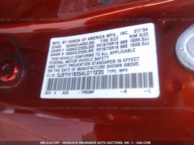 5J6YH18354L011235 - 2004 HONDA ELEMENT LX ORANGE photo 9