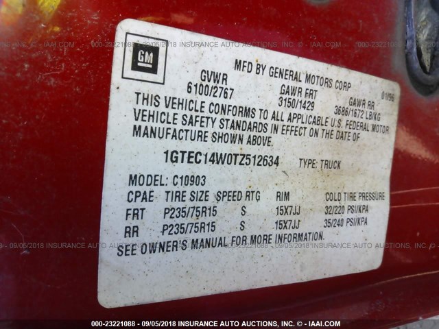 1GTEC14W0TZ512634 - 1996 GMC SIERRA C1500 RED photo 9