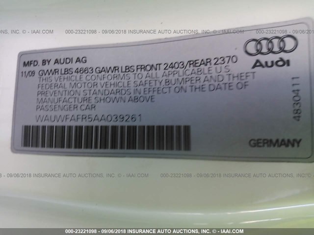 WAUWFAFR5AA039261 - 2010 AUDI A5 PRESTIGE WHITE photo 9