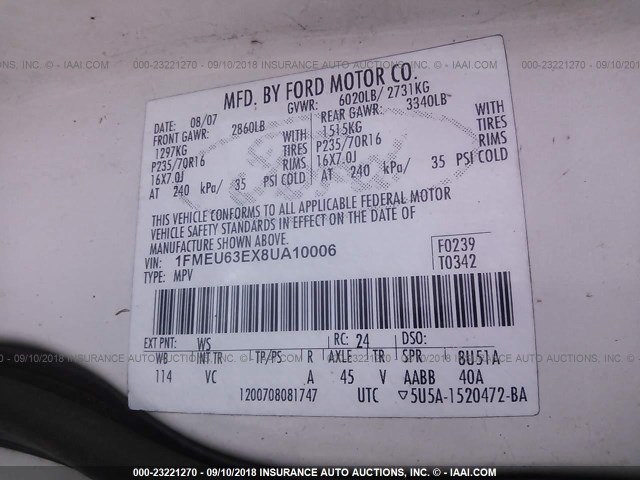 1FMEU63EX8UA10006 - 2008 FORD EXPLORER XLT WHITE photo 9