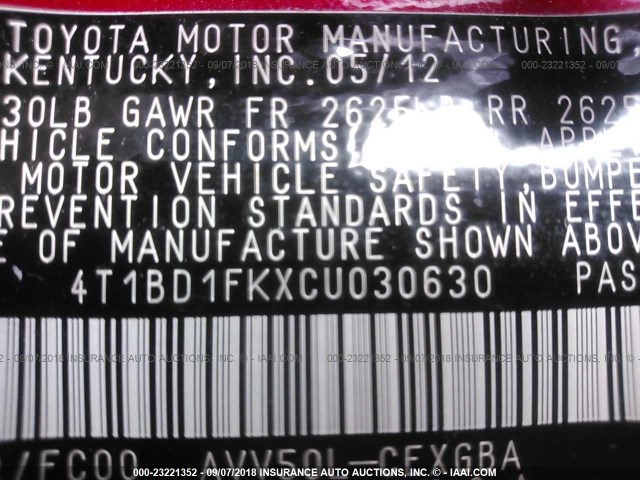 4T1BD1FKXCU030630 - 2012 TOYOTA CAMRY HYBRID/LE/XLE 红色 照片 9