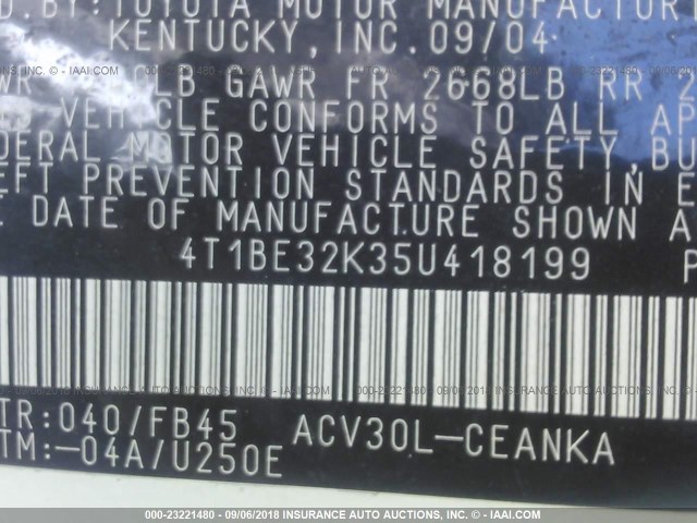 4T1BE32K35U418199 - 2005 TOYOTA CAMRY LE/XLE/SE Ağ foto 9