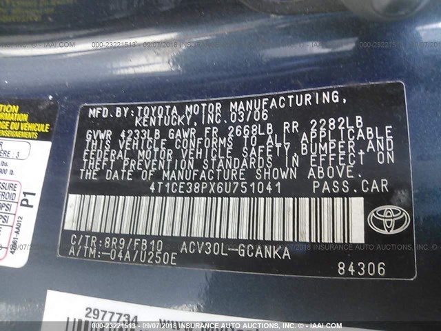 4T1CE38PX6U751041 - 2006 TOYOTA CAMRY SOLARA SE/SLE Mavi foto 9