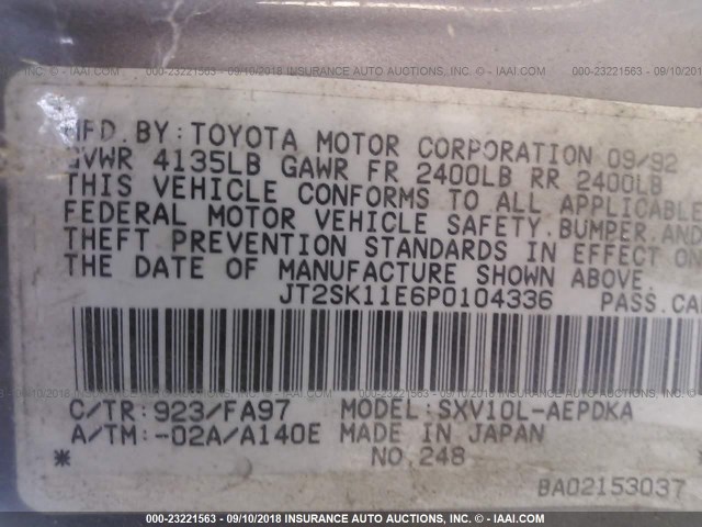 JT2SK11E6P0104336 - 1993 TOYOTA CAMRY DX GRAY photo 9