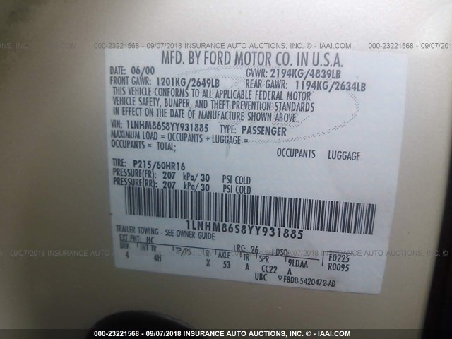 1LNHM86S8YY931885 - 2000 LINCOLN LS 奶油色 照片 9