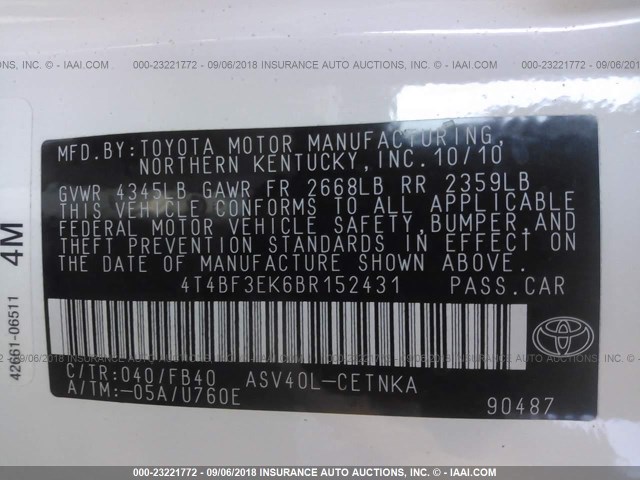 4T4BF3EK6BR152431 - 2011 TOYOTA CAMRY SE/LE/XLE 白色 照片 9