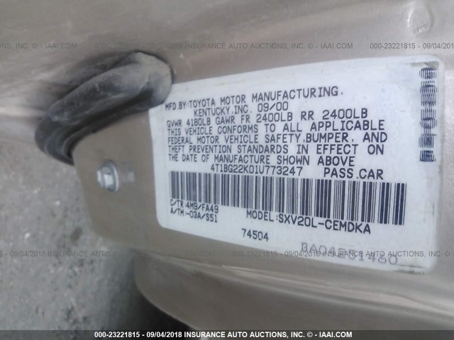 4T1BG22K01U773247 - 2001 TOYOTA CAMRY CE/LE/XLE 棕色 照片 9