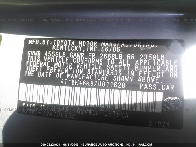 4T1BK46K97U011628 - 2007 TOYOTA CAMRY NEW GENERAT LE/XLE/SE SILVER photo 9