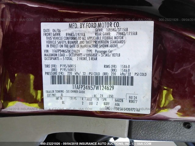 1FAFP34N57W124629 - 2007 FORD FOCUS ZX4/S/SE/SES Қызыл фото 9