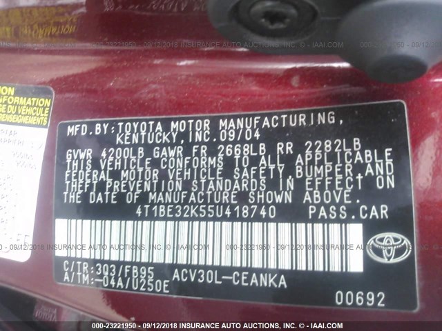 4T1BE32K55U418740 - 2005 TOYOTA CAMRY LE/XLE/SE 栗色 照片 9