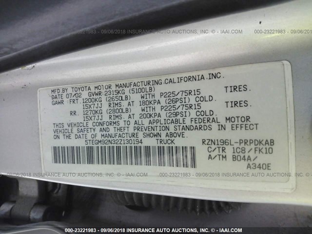 5TEGM92N32Z130194 - 2002 TOYOTA TACOMA DOUBLE CAB PRERUNNER SILVER photo 9