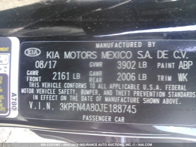 3KPFN4A80JE188745 - 2018 KIA FORTE EX/SX BLACK photo 9