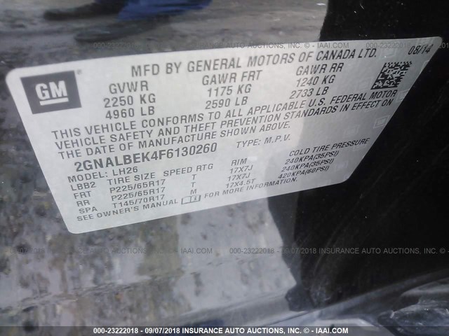 2GNALBEK4F6130260 - 2015 CHEVROLET EQUINOX LT BLACK photo 9