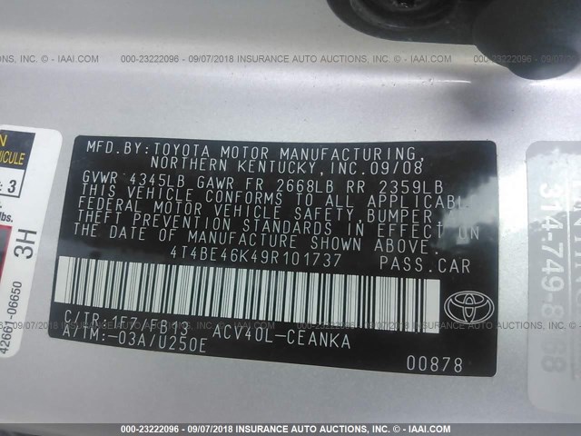 4T4BE46K49R101737 - 2009 TOYOTA CAMRY SE/LE/XLE SILVER photo 9