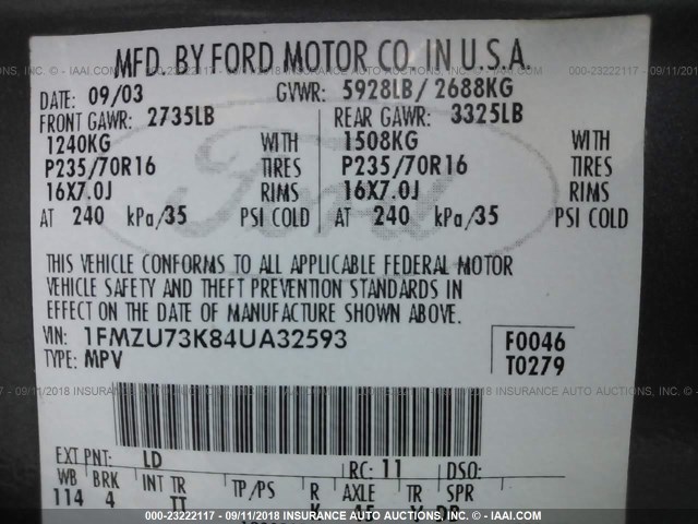 1FMZU73K84UA32593 - 2004 FORD EXPLORER XLT/XLT SPORT/NBX 蓝色 照片 9