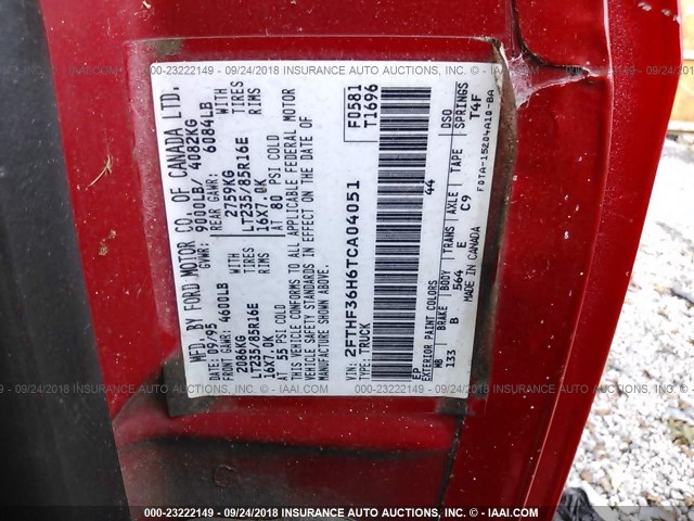 2FTHF36H6TCA04051 - 1996 FORD F350 RED photo 9