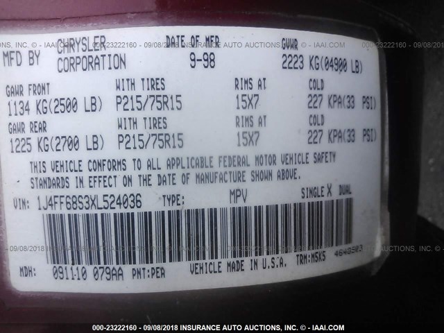 1J4FF68S3XL524036 - 1999 JEEP CHEROKEE SPORT/CLASSIC წითელი ფოტო 9