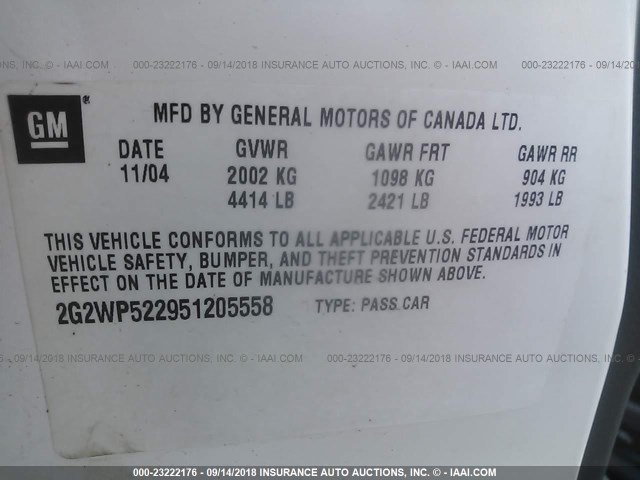 2G2WP522951205558 - 2005 PONTIAC GRAND PRIX WHITE photo 9