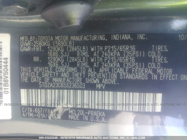 5TDZA23C65S236503 - 2005 TOYOTA SIENNA CE/LE 绿色 照片 9