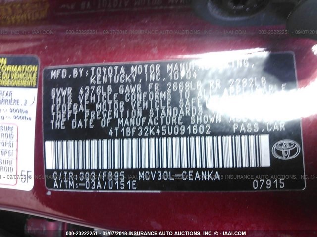 4T1BF32K45U091602 - 2005 TOYOTA CAMRY LE/XLE/SE 勃艮第红 照片 9