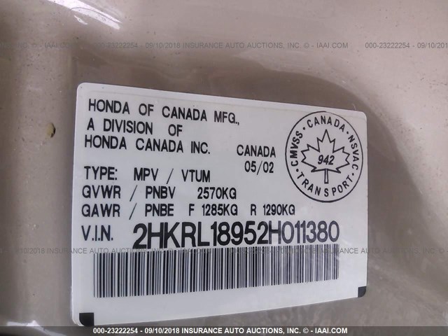 2HKRL18952H011380 - 2002 HONDA ODYSSEY EXL BEIGE photo 9