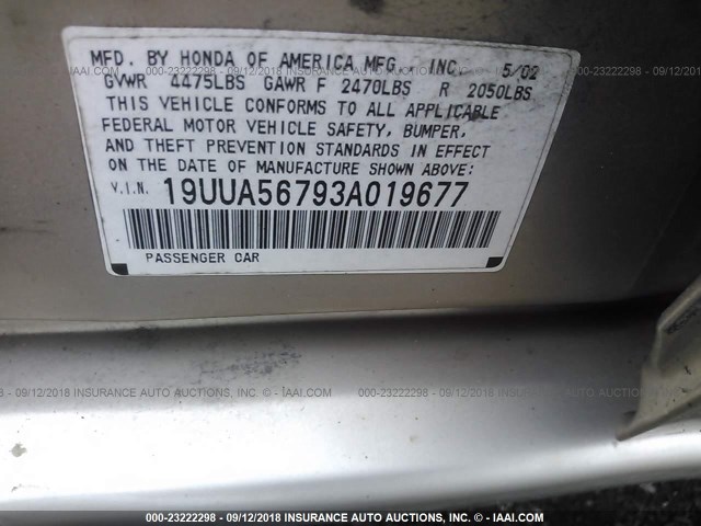 19UUA56793A019677 - 2003 ACURA 3.2TL GOLD photo 9